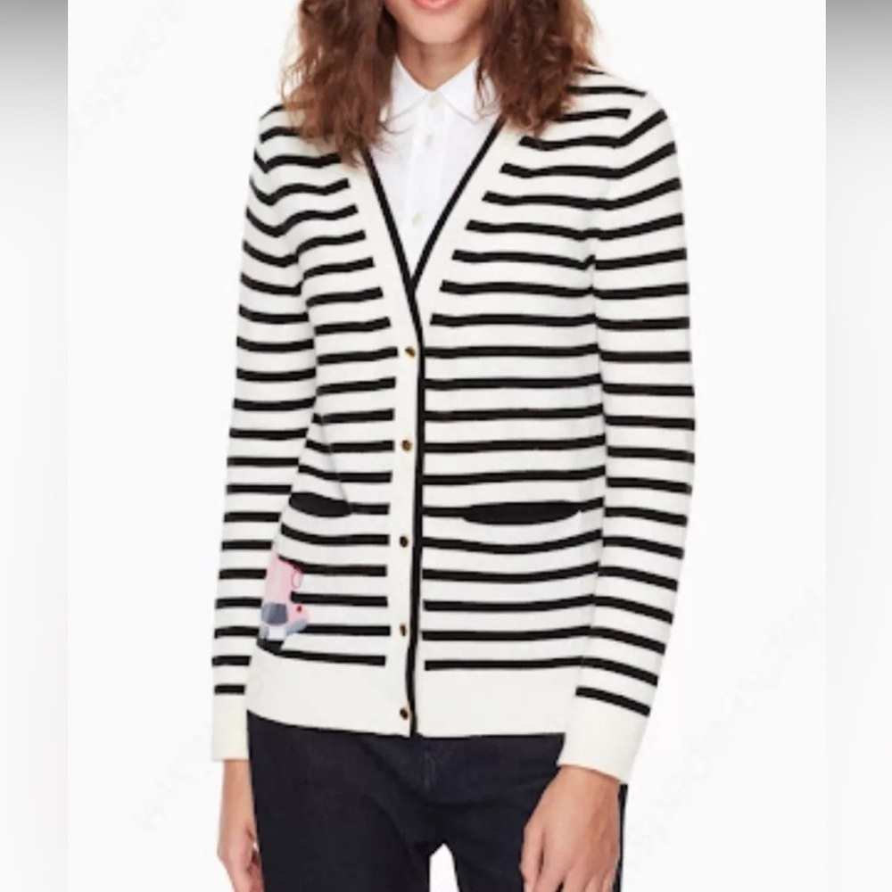 KATE SPADE Broome Street black white striped Pink Cadillac cardigan Sweater 50’s - Picture 3 of 7